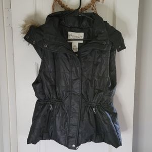 American Rag Cie Black Puffer Vest Faux Fur Hood